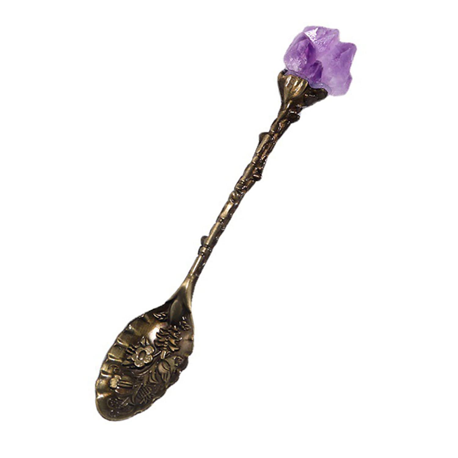Soulnioi Vintage Carved Crystal Spoons Retro Decorative Coffee Stirring Spoons Dessert Spoons Ice Cream Spoon with Amethyst Crystal Head for Cafe Office Tableware -Brass