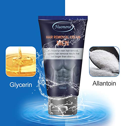 Hair Removal Cream for Men, Depilatory Cream for Men, Hair Remover for Men, Natural Painless Permanent Hair Removal Cream, Plastic Scraper, Used on Bikini, Underarm, Chest, Back, Legs and Arms, 60ml