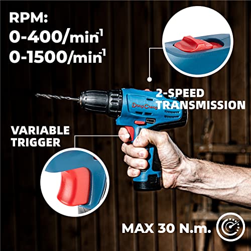 DongCheng 12V Max Akku-Bohrschrauber 30N.m,16+1,10m'm Schnellspannbohrfutter Bohrschrauber-Set (0-500/0-1500)mit 17-teiligem Handwerkzeugsatz für Heimwerkerprojekte,40 mins Schnellladegerät, DCJZ10-10