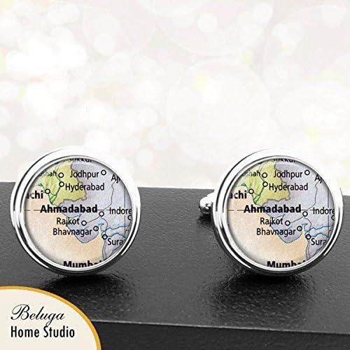Map Cufflinks Ahmadabad India City Country Cuff Links for Groomsmen Groom Fiance Anniversary Wedding Party Fathers Dads Men