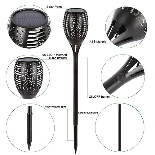 4 Pack Large Solar Torch Lights with 96 LED Flickering Flame, IP65 Waterproof Outdoor Landscape Lighting for Garden, Yard, Patio, Halloween, Camping and Party Decor