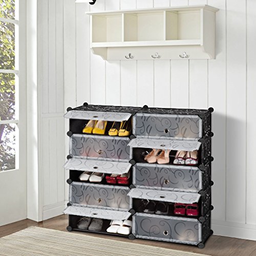 LANGRIA 10-Cube Shoe Storage Shoe Cabinet Plastic Shoe Organizer, DIY Shoe Rack Drawer Unit Multi Use Modular Organizer Storage with Doors, Black and White Curly Pattern