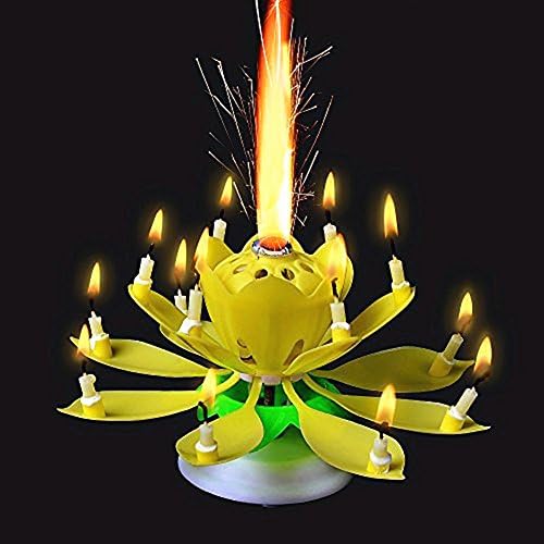 Music Birthday Candle Two Layers with 14 Small Candles Amazing Musical Lotus Flower Rotating Happy Birthday Party Candle Lamp by Abby Queen (2, 2 Yellow)