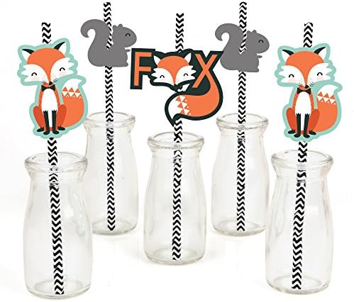 Mr. Foxy Fox Paper Straw Decor - Paper Straw Decor - Baby Shower or Birthday Party Striped Decorative Straws - Set of 24
