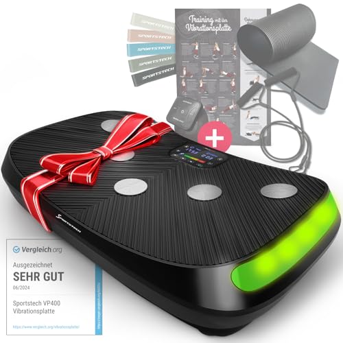 Sportstech 4D Vibrationsplatte für Zuhause, VP400 und sVibe, Smart LED, Trainingsbänder und Ropes, Abnehmen, Ganzkörpertraining, Muskelaufbau, 120 kg