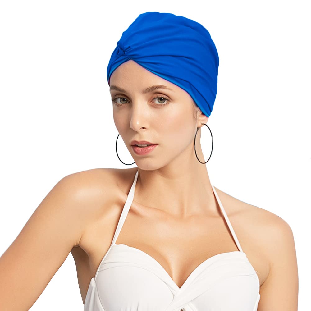 Women Ear Protection Swim Cap Nylon Spandex Stretchable Shower Bathing Cap Soft Cross Beanie Surfing Hat Chemo Turban Style Night Sleep Hat for Long Hair Dreadlocks Weaves Curls