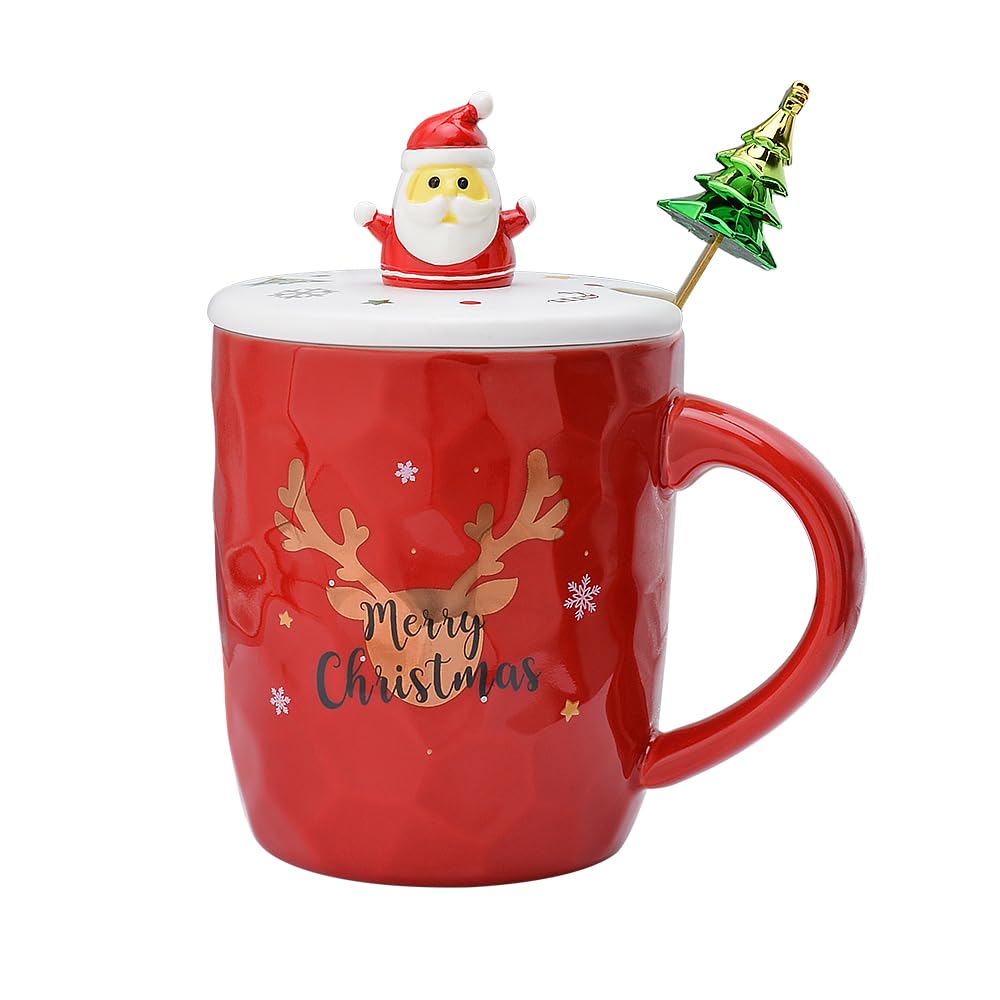 XinHuiGY Ceramic Christmas Tea Cups with 3D Lid and Spoon, 14OZ Novelty Mugs Gift for Thanksgiving Day, Christmas for Women, Men, Girls, Boys (Red)