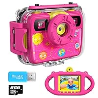 Ourlife Kids Camera, Selfie Kids Waterproof Digital Cameras for Kids 1080P 8MP 2.4 Inch Large Screen with 8GB SD Card, Silicone Handle and Fill Light,2019 Upgraded (PINK3)