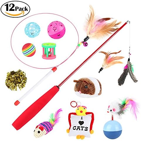 Cat Toys Variety 12 Pack, Honfei Cat Toys Including Whiffle Ball / Squeaky Mouse / Catnip Pillow / Interactive Toys / Mouse Teaser Ball / Teaser Wand with Replacement Refills Feather for Exercising