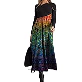 Women Vintage Ethnic Floral Printed Long Sleeve V Neck Dress Fall Winter Elegant Slim Fited High Waist A-Line Maxi Dresses