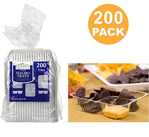 200 Plastic Nacho Trays Disposable | Large 6.5 X 5 - 20 oz Nacho Containers | Bulk Carnival Food Chips Container | 2 Compartment Concession Stand Trays | Clear Snack Bowls Plates Holder Party Supplies