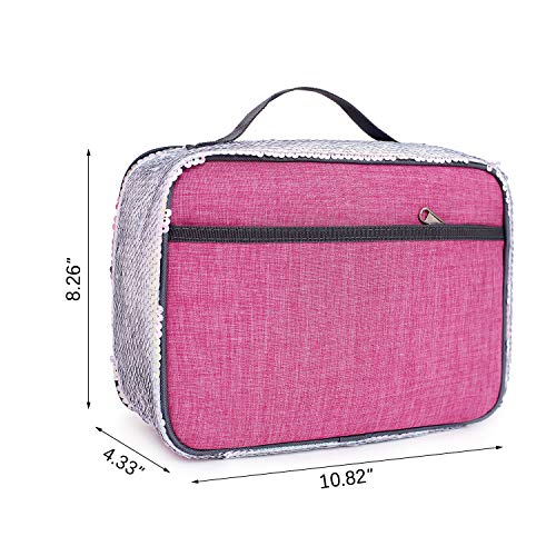 Manicer Sequin Lunch Box, Insulated Sparkle Lunch Bag Flip Color Change Reversible Fashion Lunch Tote, Ideal for Girls, Women and Kids - Laser Silver + Pink
