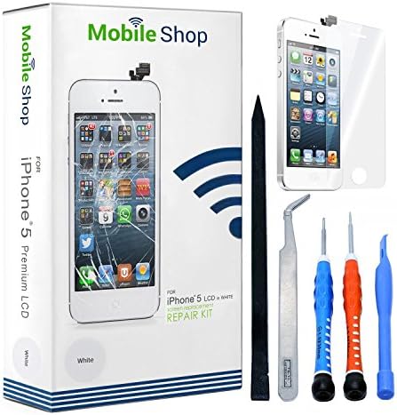 IPhone 5 Premium LCD Screen Replacement Kit in White With Complimentary Tools and Glass Screen Protector. (Pre-Installed Ear Mesh, Camera Holder, and Proximity Sensor)