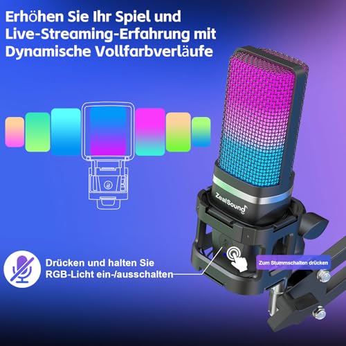 zealsound USB Gaming Microphone with Boom Arm & Table Tripod (2 Stands), Plug and Play Podcast Microphone for PC & Mobile Phone, with Tap-to-Mute, Gain Control, Monitoring, for Streaming, Discord, Zoom