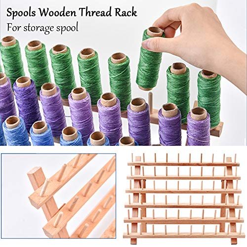 Thread Holder, 60 Spools Wooden Thread Rack with Needles Sewing Scissors Needle Threader for Sewing Organizer DIY Project and Craft Favor Embroidery Quilting Hair-braiding