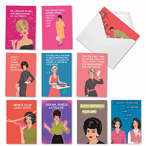 NobleWorks - 10 Funny Birthday Cards Assortment For Women, Her - Adult Retro Notecard Set, Bulk Boxed Humor - Happy and Blunt AC3101BDG-B1x10