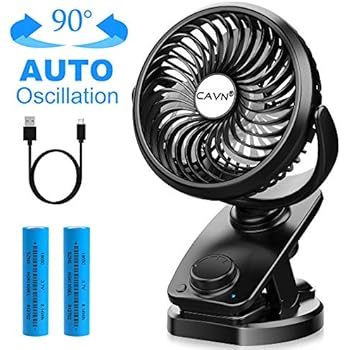 CAVN Clip On Stroller Fan Battery Operated, Portable 40 Hours Desk Fan USB Powered or 4400 mAh Rechargeable Battery, Auto Oscillating Personal Mini Fan for Baby Stroller Crib Car Office Outdoor