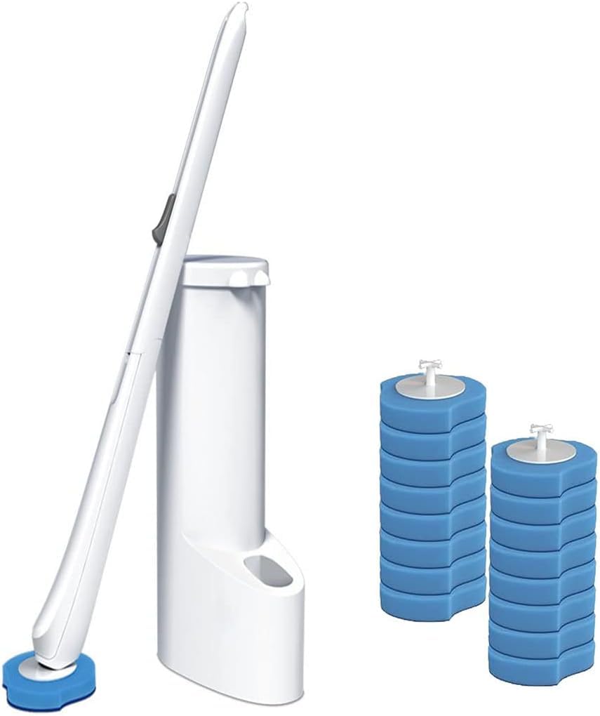 Disposable replaceable toilet brush kit, disposable toilet brush with bracket, toilet system cleaner toilet stick refill kit, with 16 replaceable brush heads and brackets