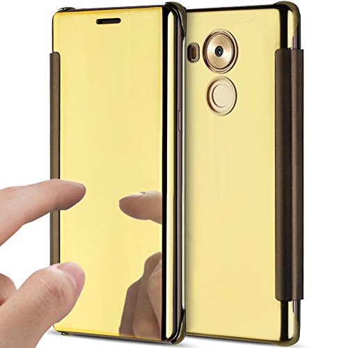 Huawei Mate 8 Case,Huawei Mate 8 Cover,ikasus Ultra-Slim Luxury Hybrid Shock-Absorption Clear View Flip Electroplate Plating Mirror Cover Flip Protective Case Cover for Huawei Mate 8,Gold
