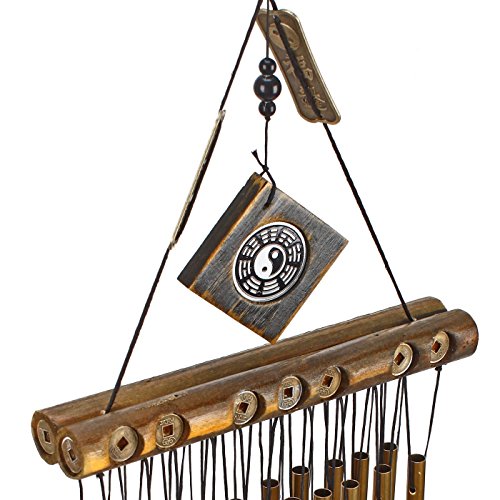 Ylyycc double row 20pieces metal tube wind chime wooden top coin decoration wind chime - Thumbnail 5