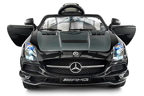 Carbon BLACK SLS AMG Mercedes Benz Car for Kids, 12V Powered Kids Ride On Car, Leather Seat, LED Lights, Parental Remote, Built-in LCD Touch Screen TV Dashboard, Stroller Seatbelt