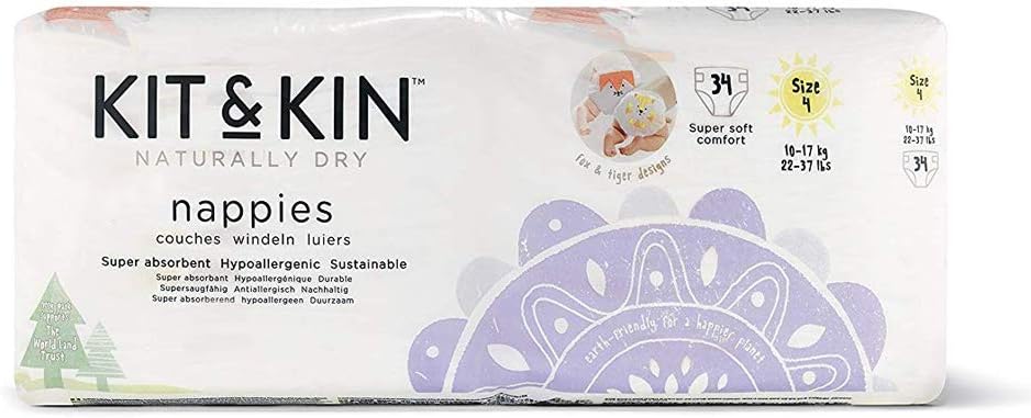 Kit & Kin Hypoallergenic Diapers, 1 Month Supply (Size 4, 170 Disposable Diapers, 34 x 5 Packs, Fox & Tiger)