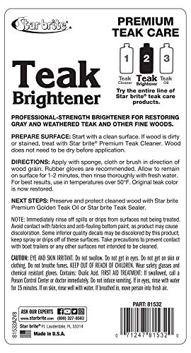 STAR BRITE PREMIUM TEAK BRIGHTENER – ENHANCES NATURAL WOOD GRAIN & RESTORES TONE & COLOR WHILE PREPARING FOR A MORE CONSISTENT APPLICATION OF TEAK OIL, SEALER OR STAIN – 32 OZ (081532)