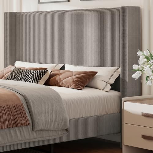 Jocisland King Size Upholstered Platform Bed Frame, 50.8" Corduroy Bed Frame with Wingback Headboard Vertical Tufted, Solid Wood Legs, No Box Spring Needed, Taupe