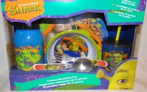 Shrek 6 Piece Mealtime Dinnerware Set, Plate, Bowl, Spoon, Fork, Sports Sip Bottle and Tumbler Cup by Shrek