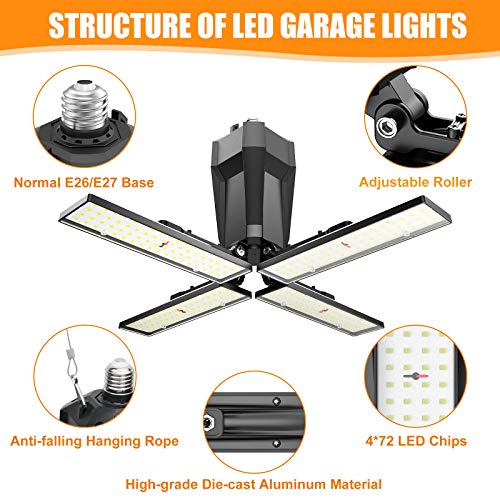 LED Garage Lights - JOYSON 10000LM Super Bright 100W Deformable LED Garage Ceiling Lights, 4 Adjustable Led Panels, 6500K E26/E27 Shop Lights for Garage, Basement, Warehouse