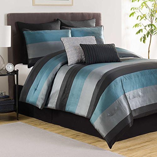 Hudson Elegant Luxury Striped Quilted Patchwork Jacquard Aqua/Grey Bedding 8 Piece Bed in a Bag Comforter Set, QUEEN