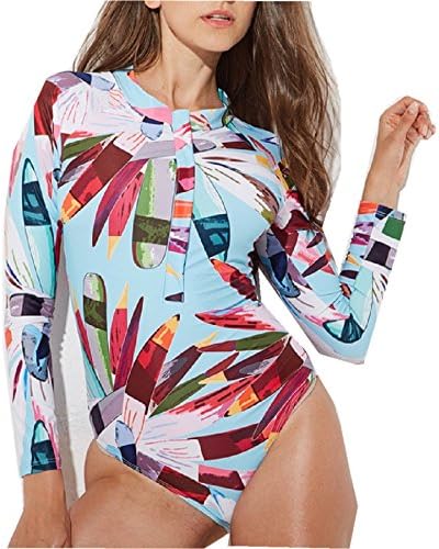 PinSi Women's Rashguard Printing Long Sleeve Zip Sun Protection Print Surfing Swimsuit Swimwear Bathing Suits