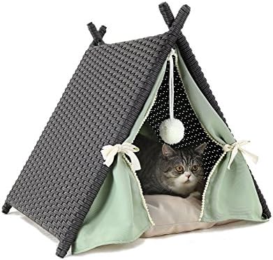 Baner Garden P518 Cat House Tower Rattan Wicker Portable Furniture Tent Playpen with Soft Cushion, Black Rattan with Beige Cushion