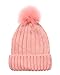 MIRMARU Winter Ribbed Knitted Skull Cap Cuff Beanie Hat with Faux Fuzzy Fur Pom Pom.(Pink)