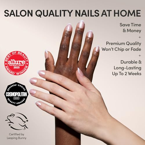 Glamnetic Press On Nails - Angelic Touch | Short Oval Fake Nails in a Delicate Nude Base with White French Tips and a Velvet Finish, Salon Quality | 15 Sizes - 30 Nail Kit with Glue