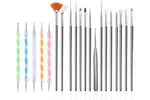FULINJOY 20PCS Nail Art Design Tools, 15PCS Painting Brushes Set (Black) with 5PCS Dotting Pens