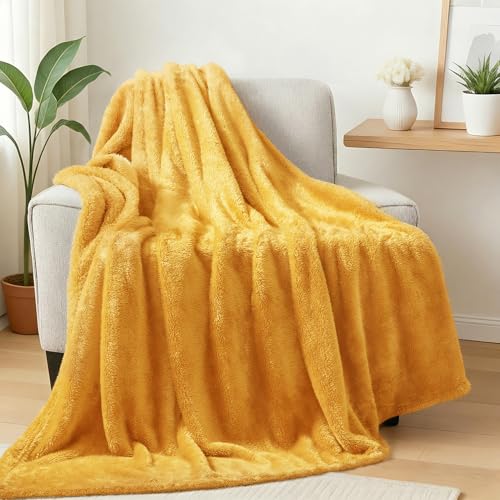 Exclusivo Mezcla Plush Fuzzy Fleece Throw Blanket 127x178 CM, Super Soft, Fluffy and Warm Blankets for Couch, Bed, All Season Use, Mustard Yellow