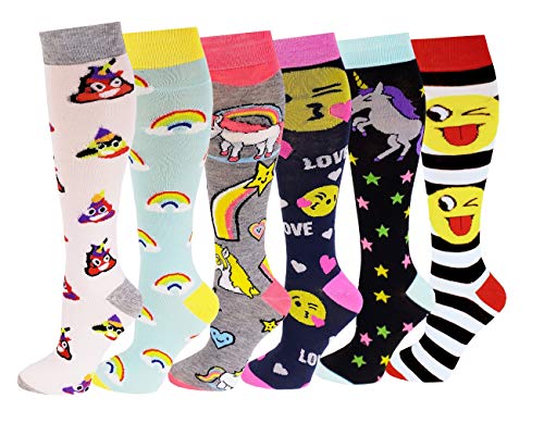 6 Pairs Women's Fancy Design Multi Colorful Patterned Knee High Socks (Emoji)