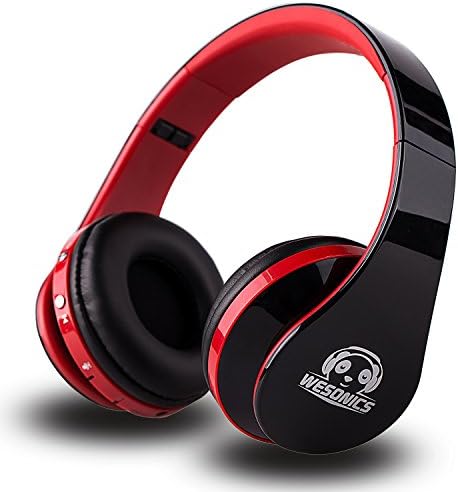WESONICS Wireless Headset Bluetooth Foldable Stereo Over-Ear Headphone with Built-in Microphone for Cell Phones &amp; Tablets (Black with Red)