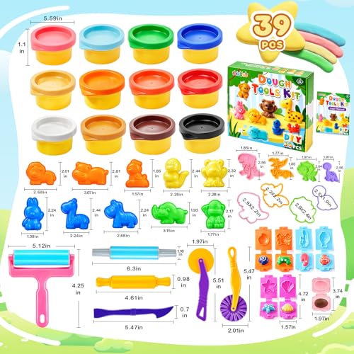 BYHANO 39 Pieces Playdough Set, Tools Plasticine for Children with 12 Colours of Dough, Plasticine Molds with 3D Dinosaurs and Animals, Gift from 3 Years