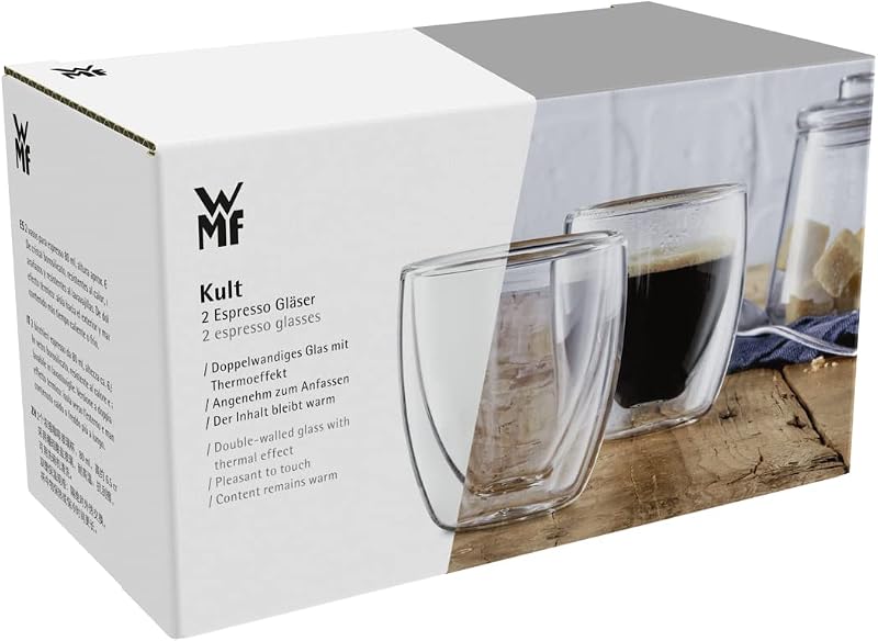 Kult - Juego Dos Tazas de Café y Té de Cristal, Vasos de Espresso 80 ml de Doble Pared Transparente de Vidrio Borosilicatado