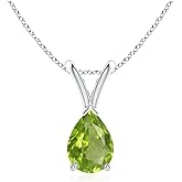 Angara Natural Peridot Solitaire Pendant for Women | V-Bale Pear-Shaped Peridot Solitaire Pendant in 14K Solid Gold/Silver/Platinum With 18" Chain | August Birthday, Gemstone Jewelry Gift