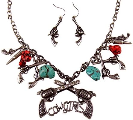 Western Style Cowgirl antique Silver Gun Necklace and earring Set Free gift Box (Turq/Coral)