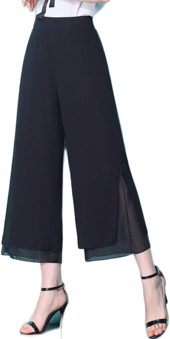Amazon ワイドパンツ レディース ボトムス ズボン スカンツ フレアパンツ 膝下 ひざ下 ロング マキシ ウエストゴム ゆったり シフォン フレアガウチョパンツ 春 夏 黒 ハイウエスト 涼しけ フェミニン 通勤 デート キュロット ロングパンツ 通販