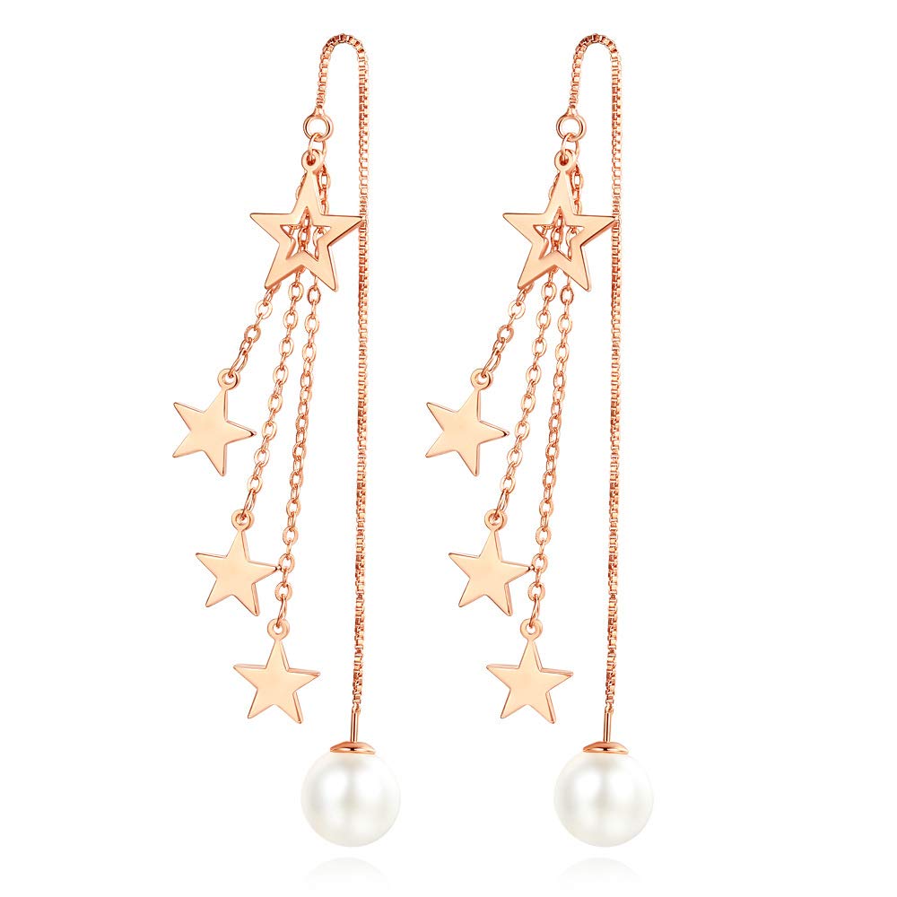 925 Sterling Silver 4 stars Dangling Tassel Drop earrings For Women (Rose gold)