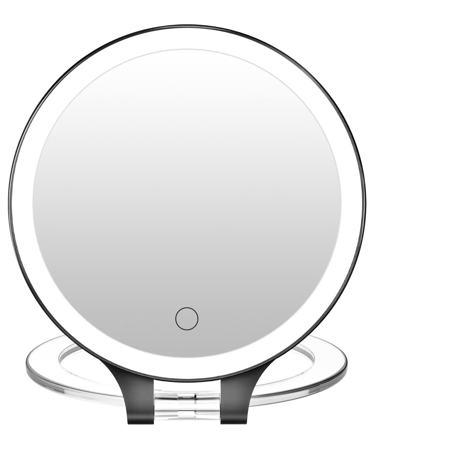 Kostlich MYIAMO Makeup Mirror with Lights, Double Sided Lighted Magnifying Mirror 10X/ 1X with 3 Color Lighting Modes, Tabletop Mirror with Adjustable Folding Handle for Home or Travel, Black