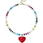 KissYan Beaded Necklaces for Women Valentine's Day Gift, Colorful Boho Bead Choker With Bubble Puffy Heart, Natural Stone Rainbow Necklaces Summer Surfer Beach Handmade Jewelry
