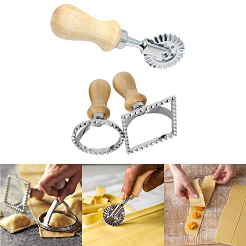 Aeanm Ravioli Stamp Set, Dough Cutter and Pasta Press Stamps with Wooden Handle -for Ravioli, Pasta, Dumplings Lasagna, Pierogi (3-Set,Round & Square & Roller Cutting) - Thumbnail 3