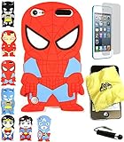 Bukit Cell 3D Superhero Bundle: Spiderman Cute Justice League Cartoon Soft Silicone Case for Ipod Touch 6 6th Generation / 5 5th Generation + Cleaning Cloth + Screen Protector + Stylus Pen