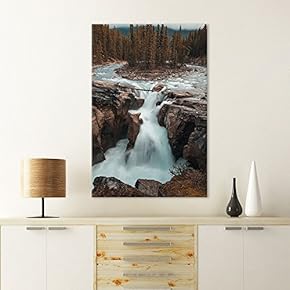 Canvas Wall Art - Landscape Cascading Waterfall on Rocks in The Forest - Giclee Print Gallery Wrap Modern Home Art Ready to Hang - 12x18 inches